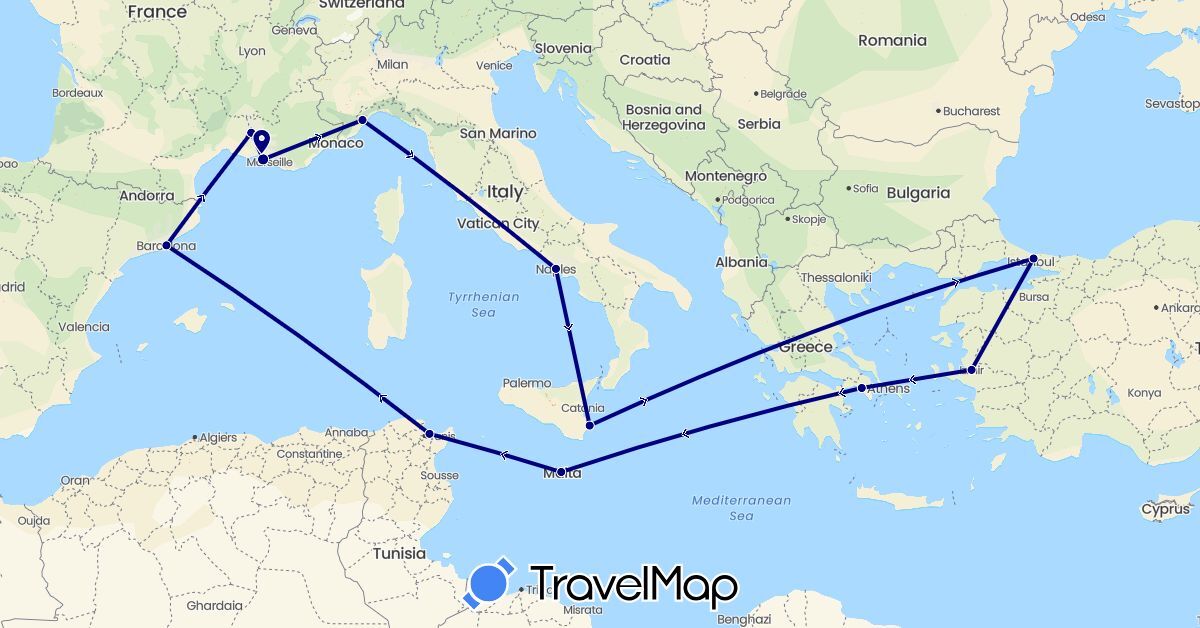 TravelMap itinerary: driving in Spain, France, Greece, Italy, Malta, Tunisia, Turkey (Africa, Asia, Europe)